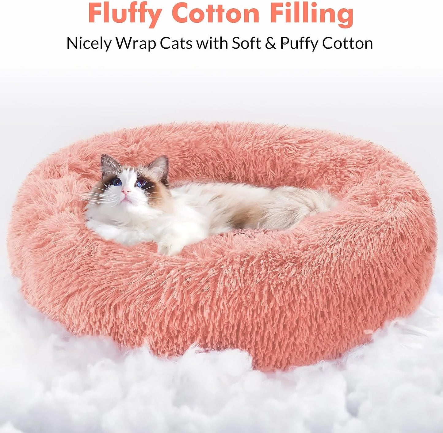 Cat Bed for Indoor Cats, Fluffy round Self Warming Calming Soft Plush Donut Cuddler Cushion Pet Bed for Small Dogs Kittens, 24 Inches