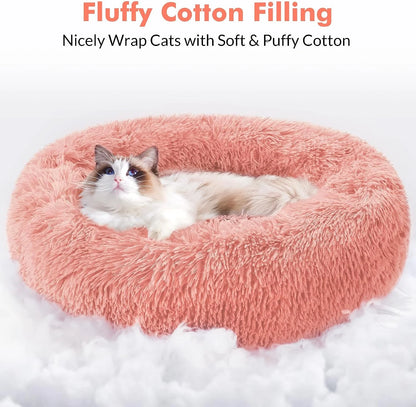 Cat Bed for Indoor Cats, Fluffy round Self Warming Calming Soft Plush Donut Cuddler Cushion Pet Bed for Small Dogs Kittens, 24 Inches